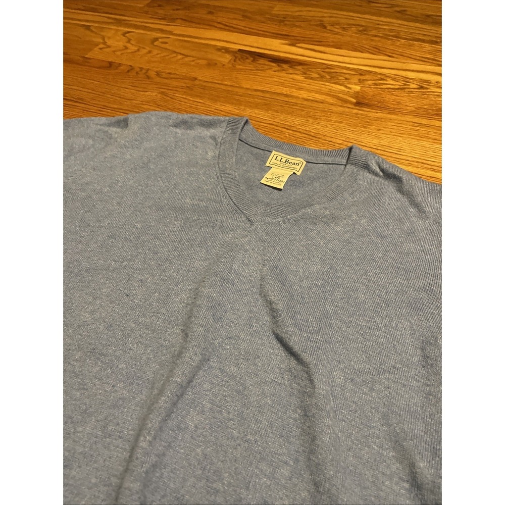 LL Bean Mens Sweater Large Blue Cotton Cashmere V-Neck Pullover 274603
